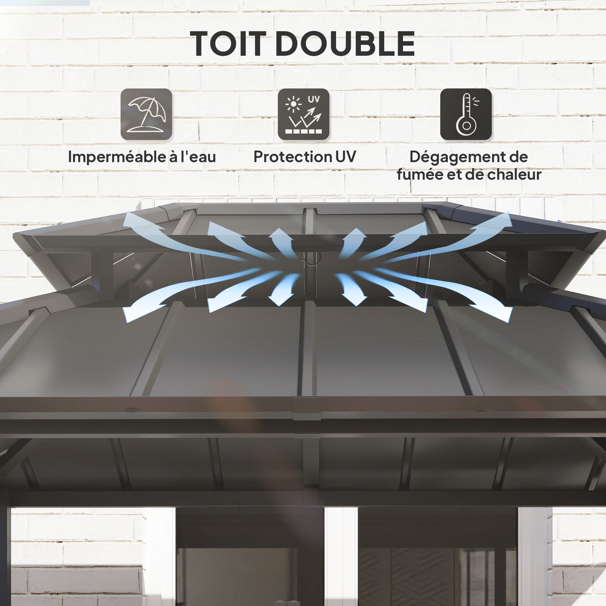 BBQ Gazebo with Double-Layer Hardtop, Outdoor Garden Gazebo with 2 Shelves and Upper Hook, Metal and Aluminum Frame for Patio Terrace 244x184x258cm Black