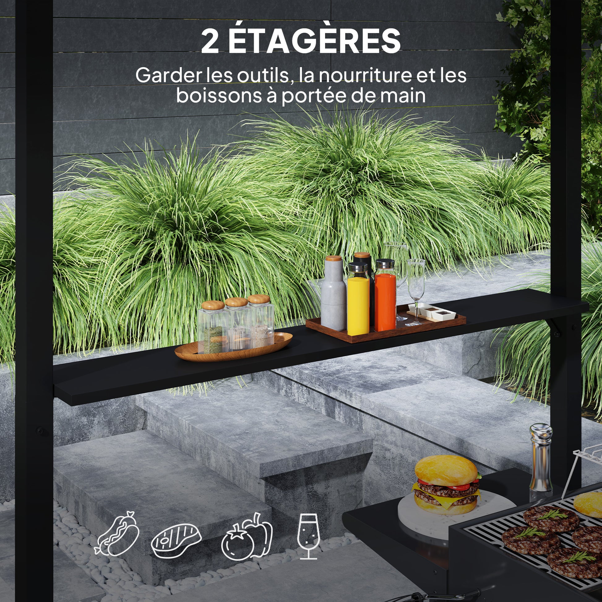 BBQ Gazebo with Double-Layer Hardtop, Outdoor Garden Gazebo with 2 Shelves and Upper Hook, Metal and Aluminum Frame for Patio Terrace 244x184x258cm Black