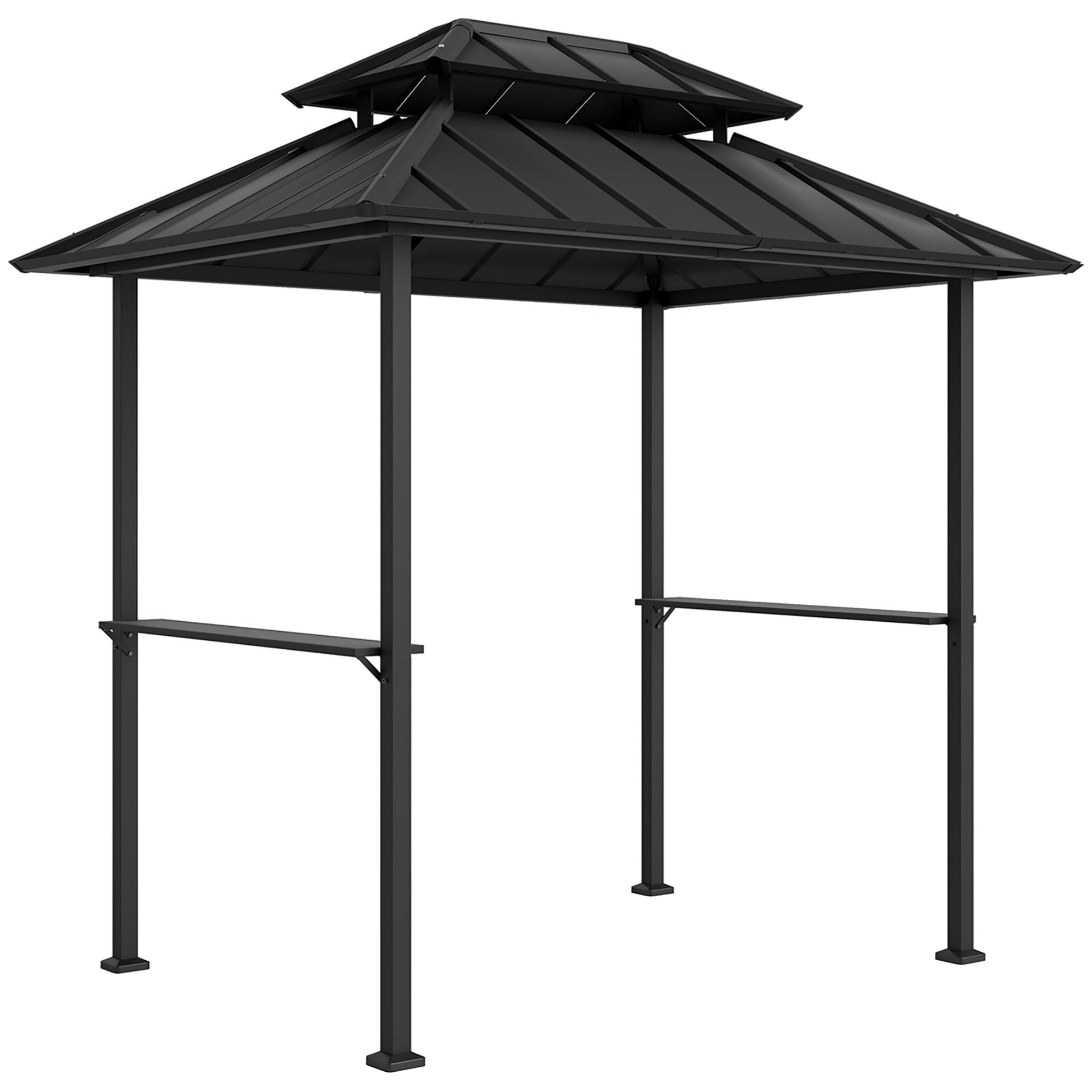 BBQ Gazebo with Double-Layer Hardtop, Outdoor Garden Gazebo with 2 Shelves and Upper Hook, Metal and Aluminum Frame for Patio Terrace 244x184x258cm Black
