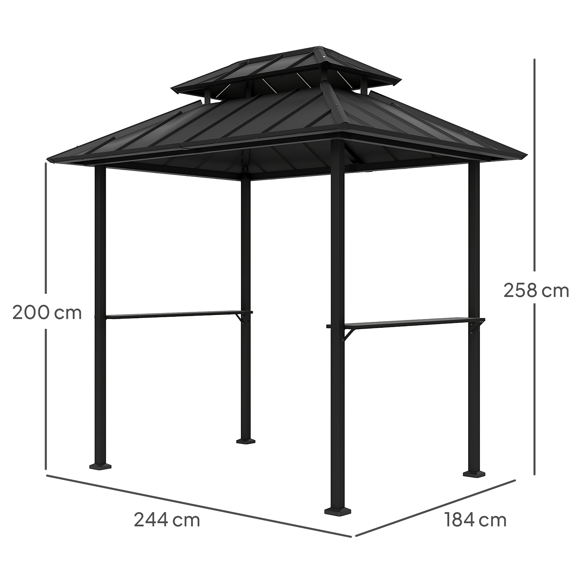 BBQ Gazebo with Double-Layer Hardtop, Outdoor Garden Gazebo with 2 Shelves and Upper Hook, Metal and Aluminum Frame for Patio Terrace 244x184x258cm Black