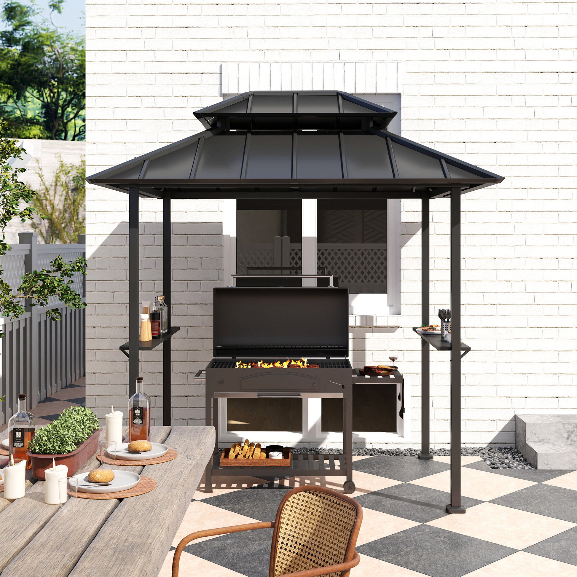BBQ Gazebo with Double-Layer Hardtop, Outdoor Garden Gazebo with 2 Shelves and Upper Hook, Metal and Aluminum Frame for Patio Terrace 244x184x258cm Black