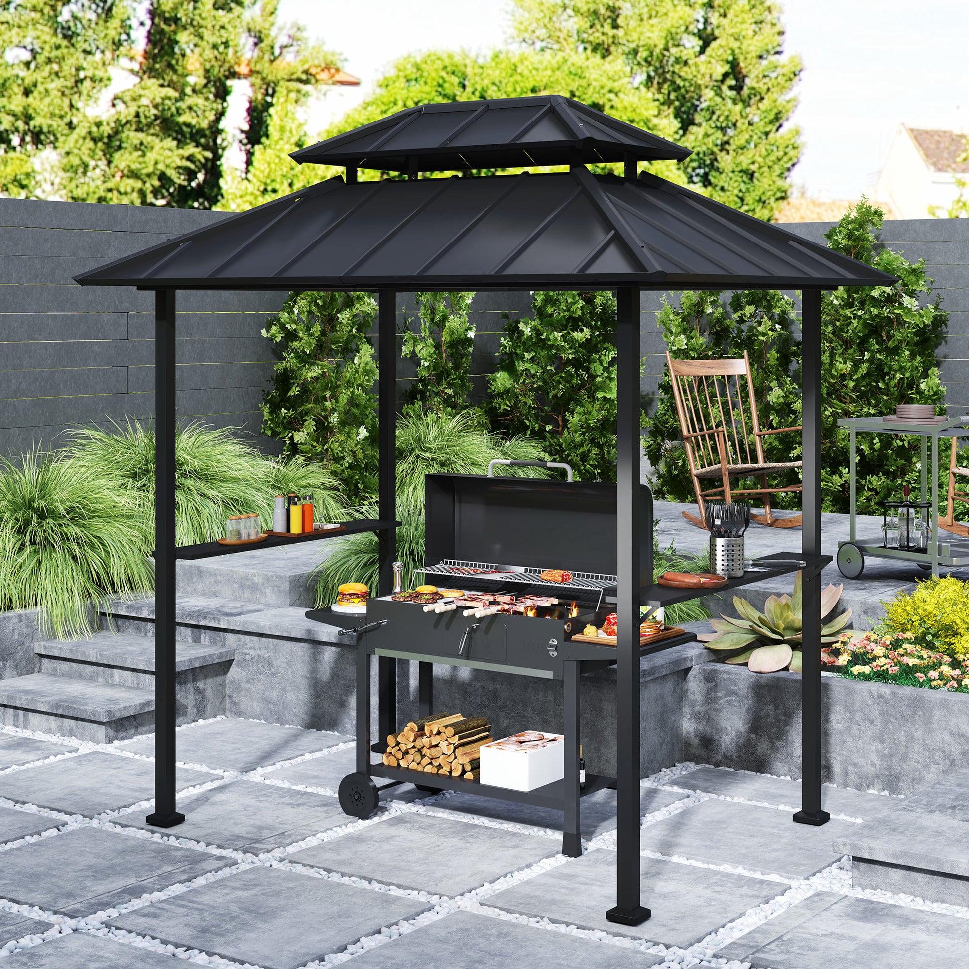 BBQ Gazebo with Double-Layer Hardtop, Outdoor Garden Gazebo with 2 Shelves and Upper Hook, Metal and Aluminum Frame for Patio Terrace 244x184x258cm Black