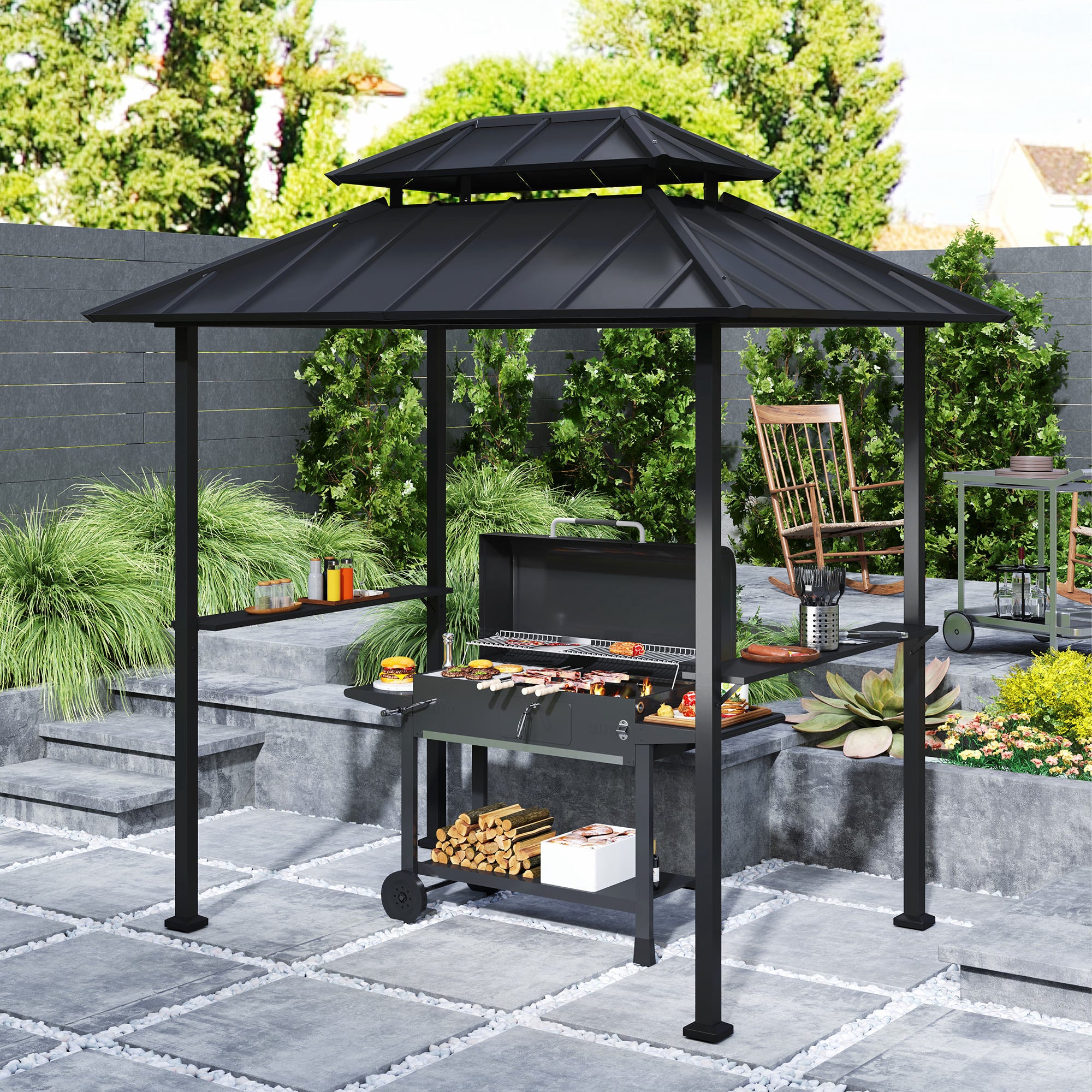 BBQ Gazebo with Double-Layer Hardtop, Outdoor Garden Gazebo with 2 Shelves and Upper Hook, Metal and Aluminum Frame for Patio Terrace 244x184x258cm Black