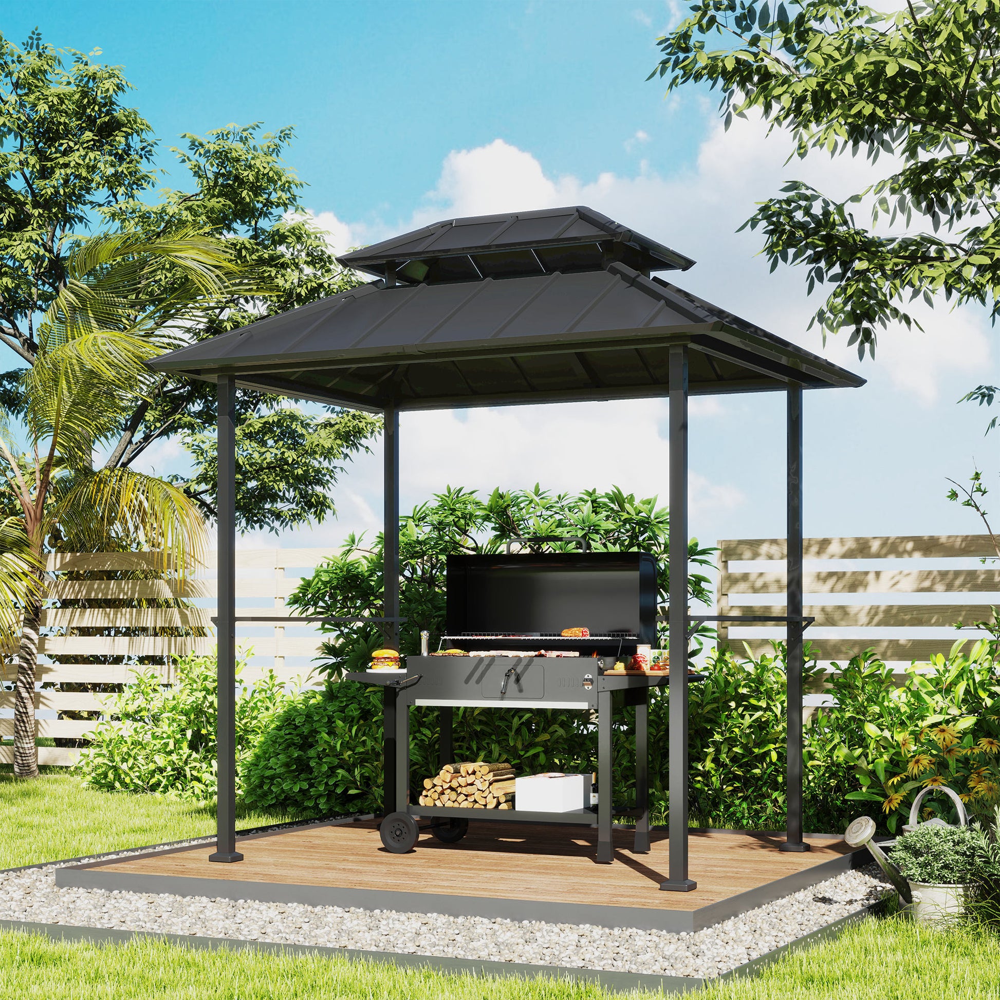 BBQ Gazebo with Double-Layer Hardtop, Outdoor Garden Gazebo with 2 Shelves and Upper Hook, Metal and Aluminum Frame for Patio Terrace 244x184x258cm Black