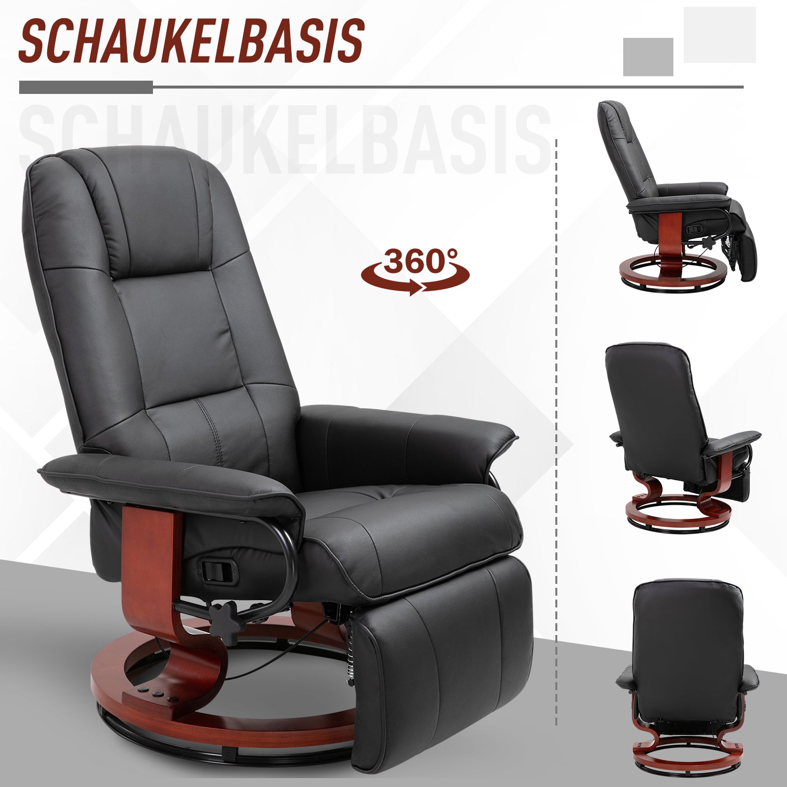 Recliner Chair Swivel TV Chair with Reclining Function, Footrest, Reclining Armchair with Armrest, Wooden Legs for Living Room, Bedroom, Faux Leather, Black