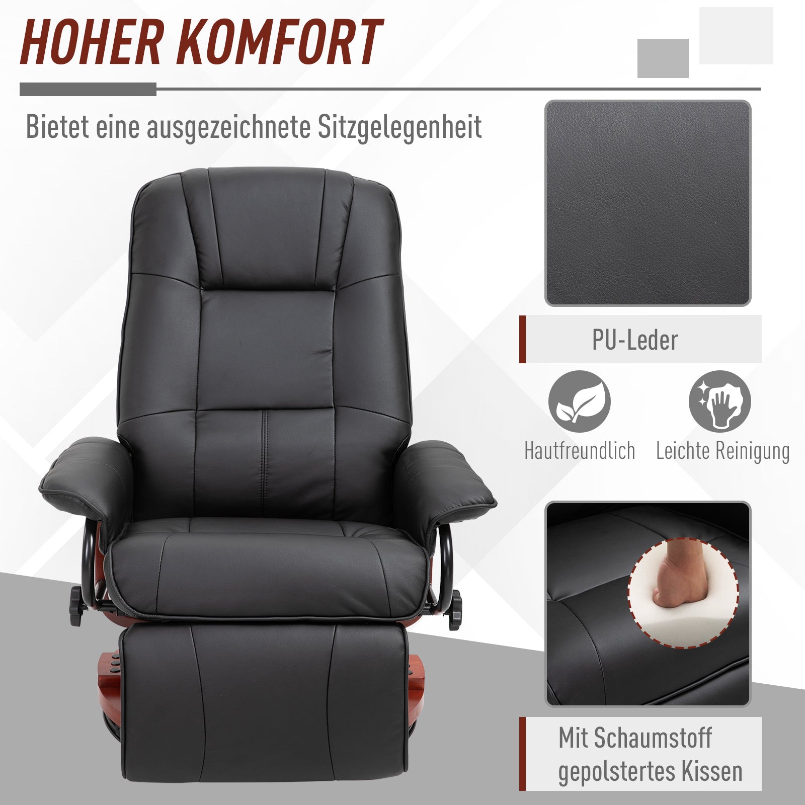 Recliner Chair Swivel TV Chair with Reclining Function, Footrest, Reclining Armchair with Armrest, Wooden Legs for Living Room, Bedroom, Faux Leather, Black