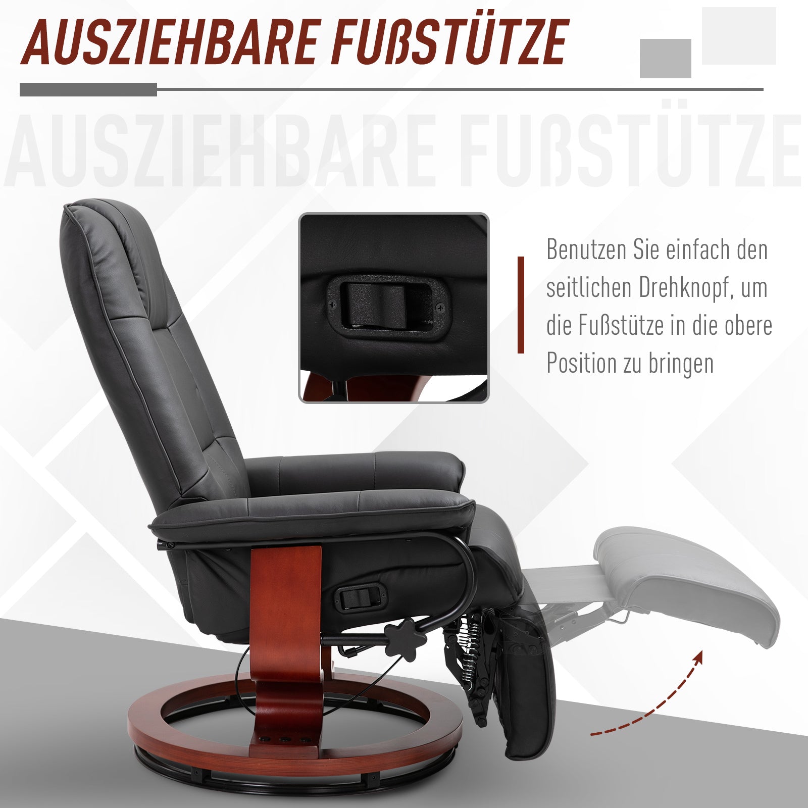 Recliner Chair Swivel TV Chair with Reclining Function, Footrest, Reclining Armchair with Armrest, Wooden Legs for Living Room, Bedroom, Faux Leather, Black