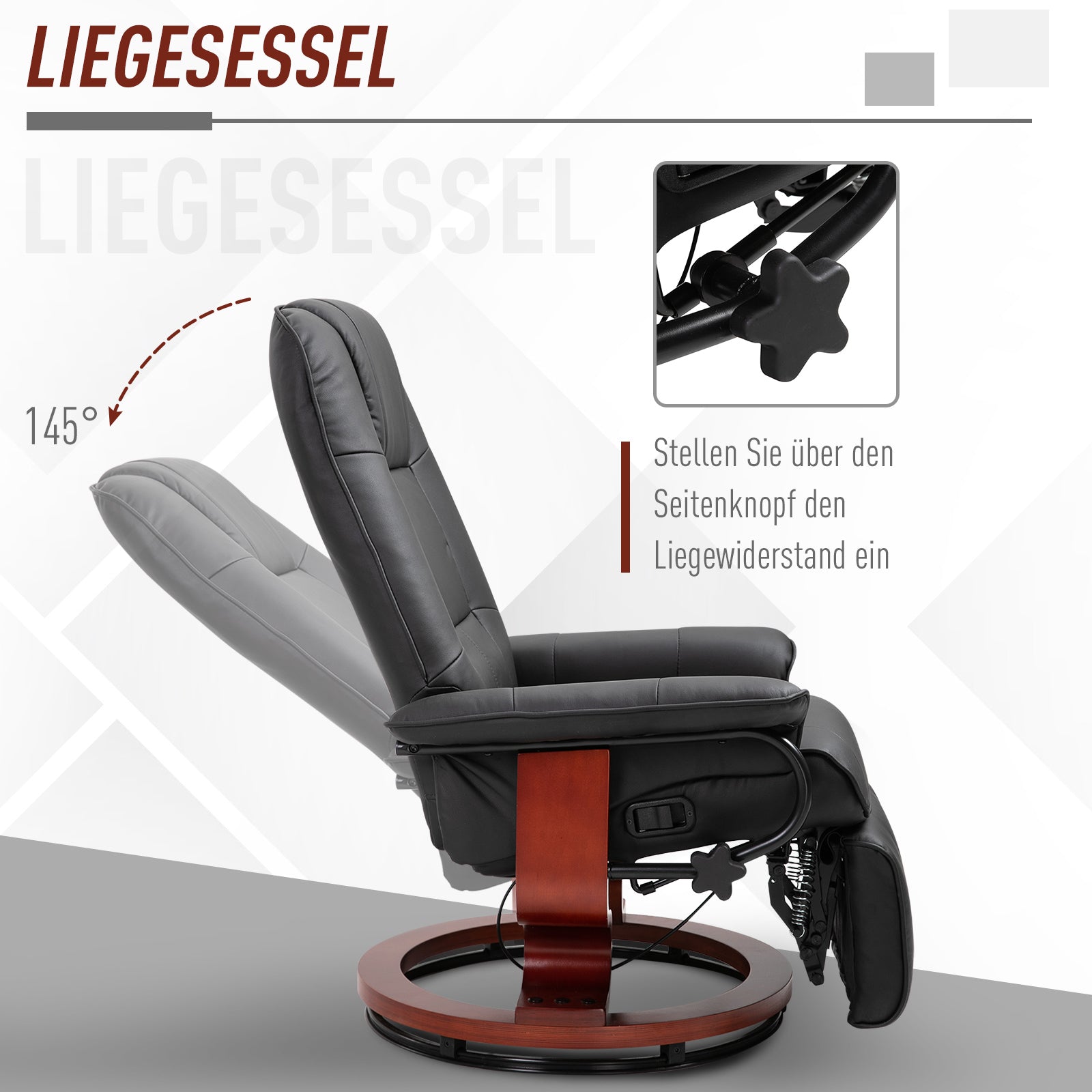 Recliner Chair Swivel TV Chair with Reclining Function, Footrest, Reclining Armchair with Armrest, Wooden Legs for Living Room, Bedroom, Faux Leather, Black