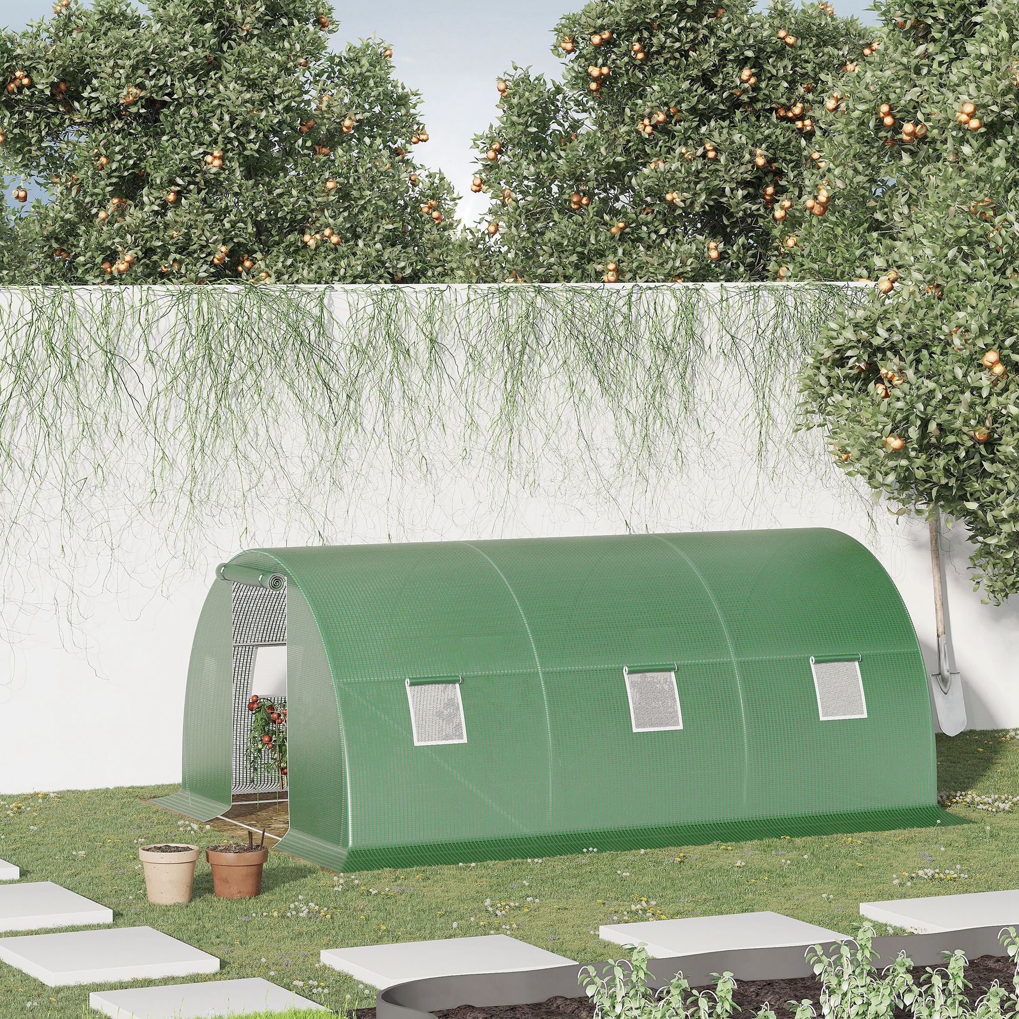 Outdoor Greenhouse 4.5x3x2 m Tunnel Greenhouse with Roll-Up Side Walls 6 Mesh Windows and Zippered Roll-Up Door Greenhouse for Garden Patio