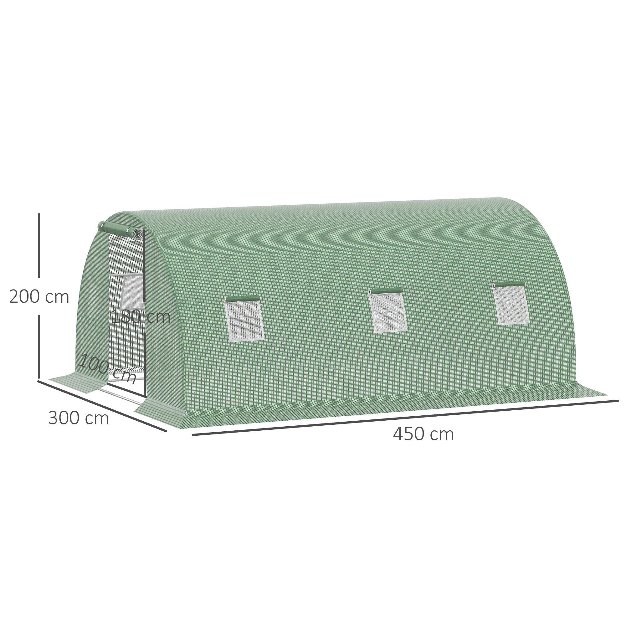 Outdoor Greenhouse 4.5x3x2 m Tunnel Greenhouse with Roll-Up Side Walls 6 Mesh Windows and Zippered Roll-Up Door Greenhouse for Garden Patio