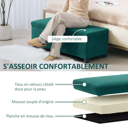 Storage Bench 84L Velvet Corduroy Ottoman End of Bed Storage Chest Footrest with Lid, for Living Room, Bedroom, Entryway, 112 x 42 x 40 cm, Green