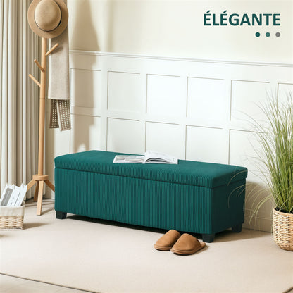 Storage Bench 84L Velvet Corduroy Ottoman End of Bed Storage Chest Footrest with Lid, for Living Room, Bedroom, Entryway, 112 x 42 x 40 cm, Green
