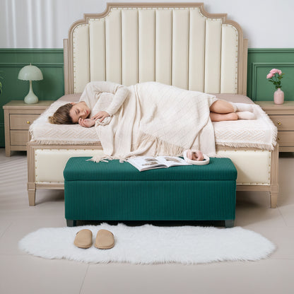 Storage Bench 84L Velvet Corduroy Ottoman End of Bed Storage Chest Footrest with Lid, for Living Room, Bedroom, Entryway, 112 x 42 x 40 cm, Green
