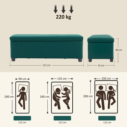 Storage Bench 84L Velvet Corduroy Ottoman End of Bed Storage Chest Footrest with Lid, for Living Room, Bedroom, Entryway, 112 x 42 x 40 cm, Green