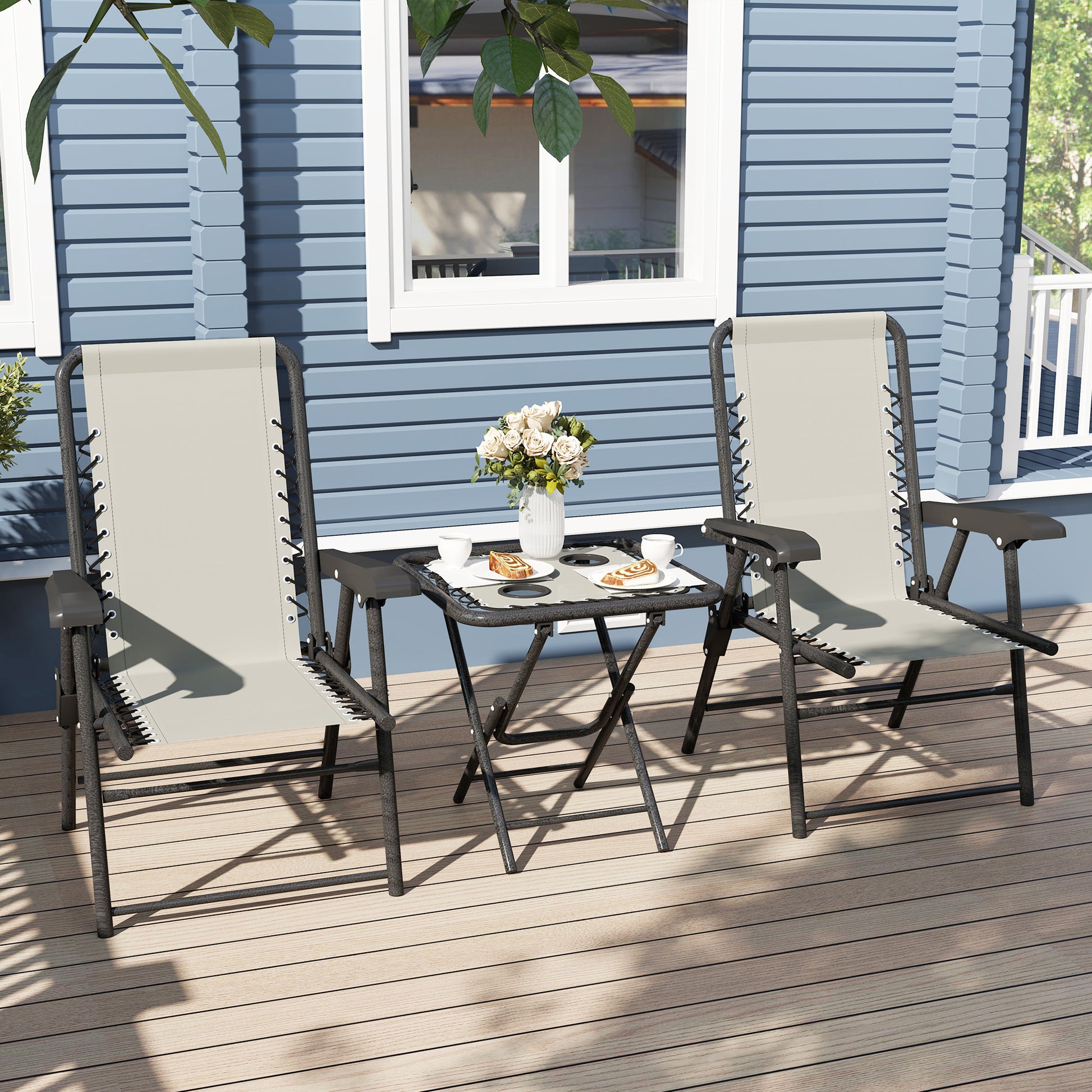3-Piece Cream Patio Furniture Set with Foldable Steel Structure and Cup Holders for Outdoor Terrace