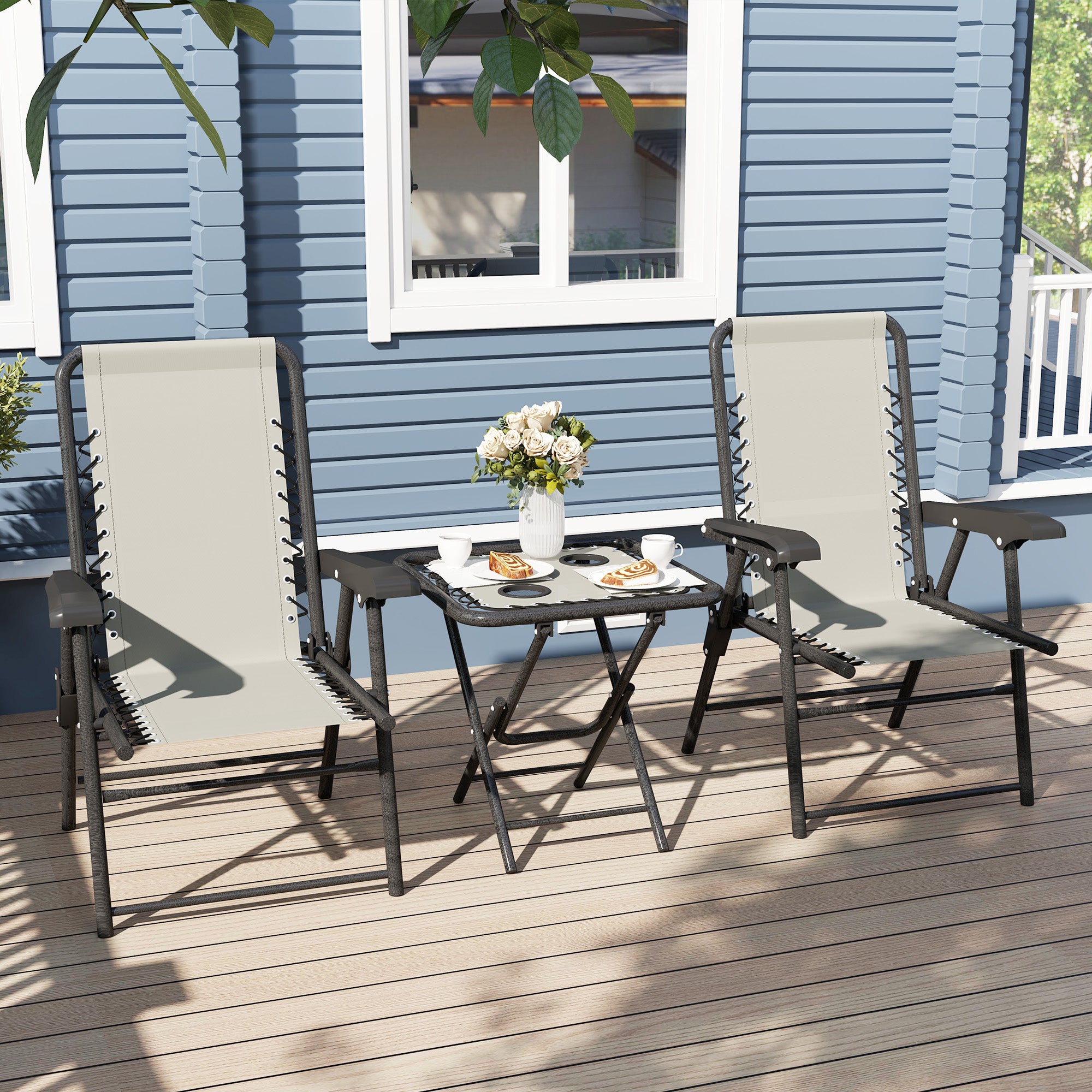 3-Piece Cream Patio Furniture Set with Foldable Steel Structure and Cup Holders for Outdoor Terrace