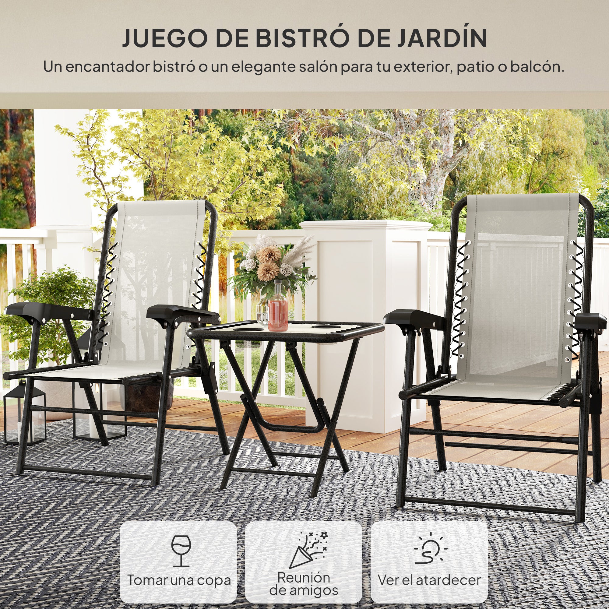 3-Piece Cream Patio Furniture Set with Foldable Steel Structure and Cup Holders for Outdoor Terrace