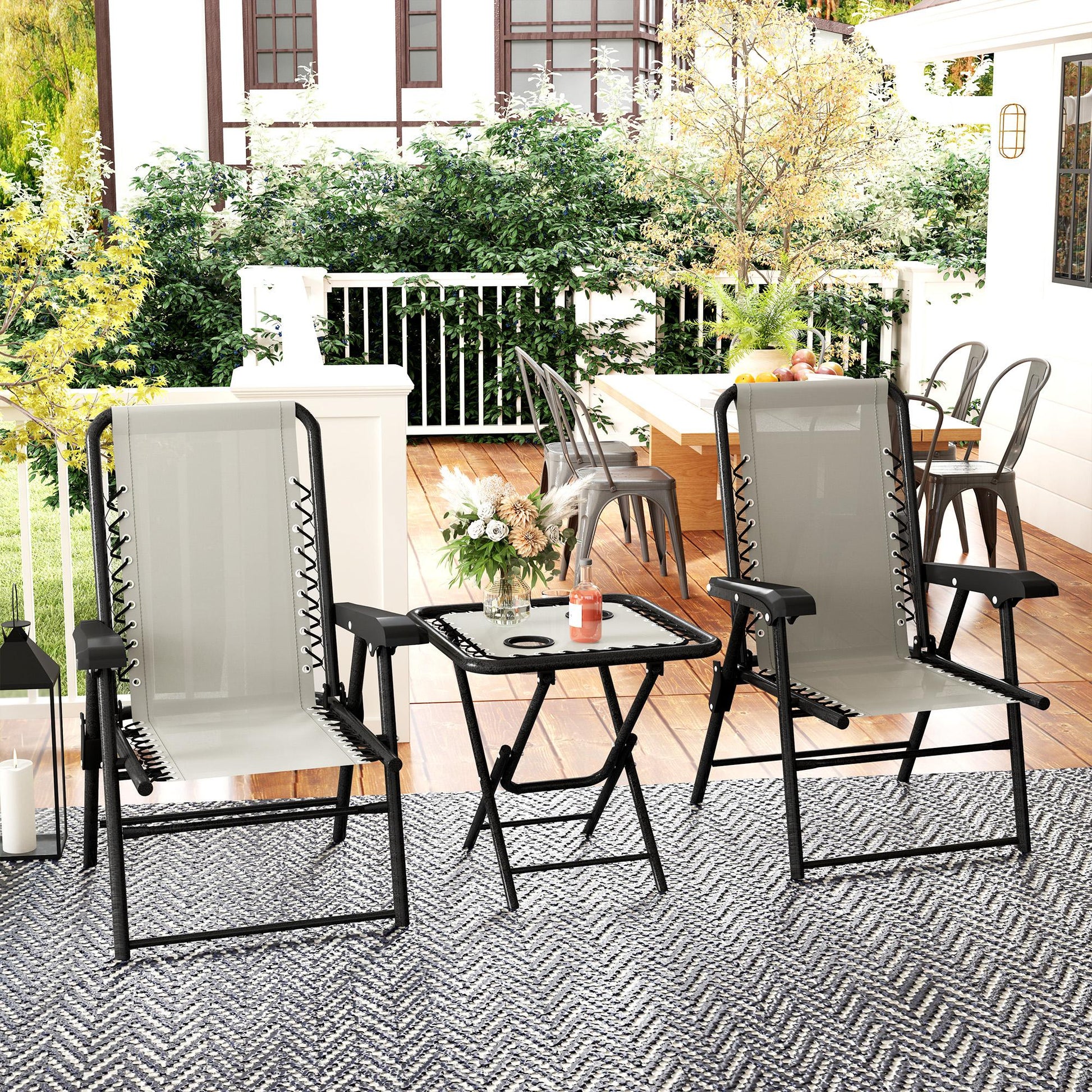 3-Piece Cream Patio Furniture Set with Foldable Steel Structure and Cup Holders for Outdoor Terrace