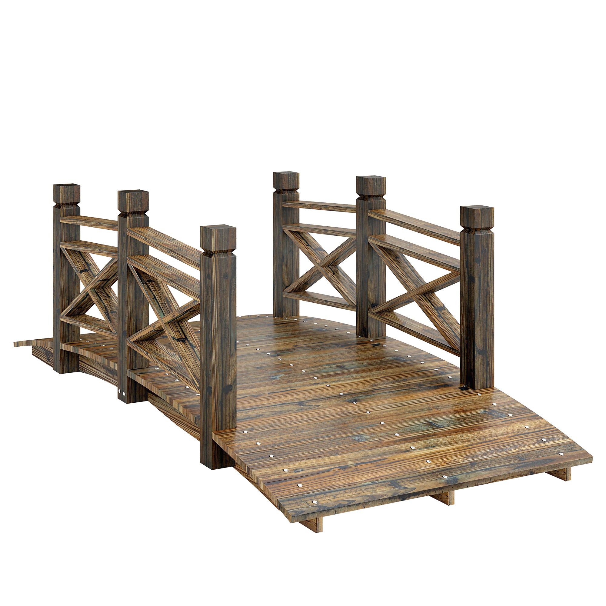 Pine Garden Bridge with Handrails, Charred Finish (Shou Sugi Ban) — Walkable Decorative Pond Bridge, Rustic Arched Design, Weather-Resistant, Up to 200 kg, 174 x 78 x 57.5 cm