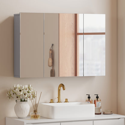 3-Door Wall-Mounted Bathroom Mirror Cabinet with Adjustable Shelves and Soft-Close Hinges — Gray, 35.4 x 5.9 x 23.6 in