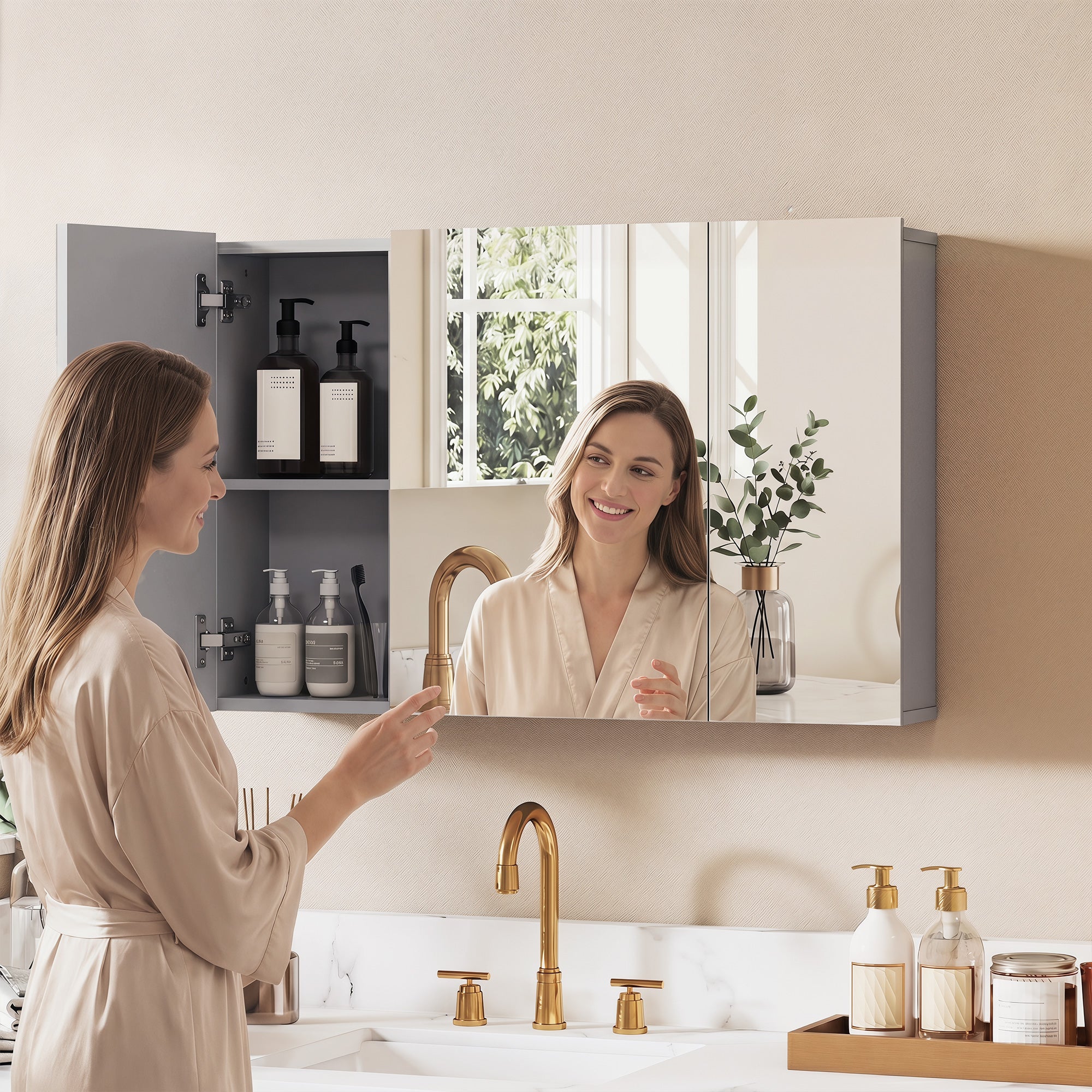 3-Door Wall-Mounted Bathroom Mirror Cabinet with Adjustable Shelves and Soft-Close Hinges — Gray, 35.4 x 5.9 x 23.6 in