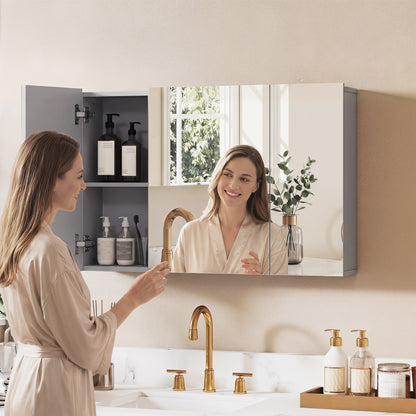 3-Door Wall-Mounted Bathroom Mirror Cabinet with Adjustable Shelves and Soft-Close Hinges — Gray, 35.4 x 5.9 x 23.6 in