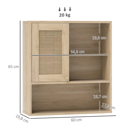 Wall Cabinet, High Bathroom Cabinet with Sliding Rattan Door and Open Shelves, Bohemian Style Bathroom Furniture, Suspended Storage Cabinet, 60 x 20 x 65 cm, Natural Wood