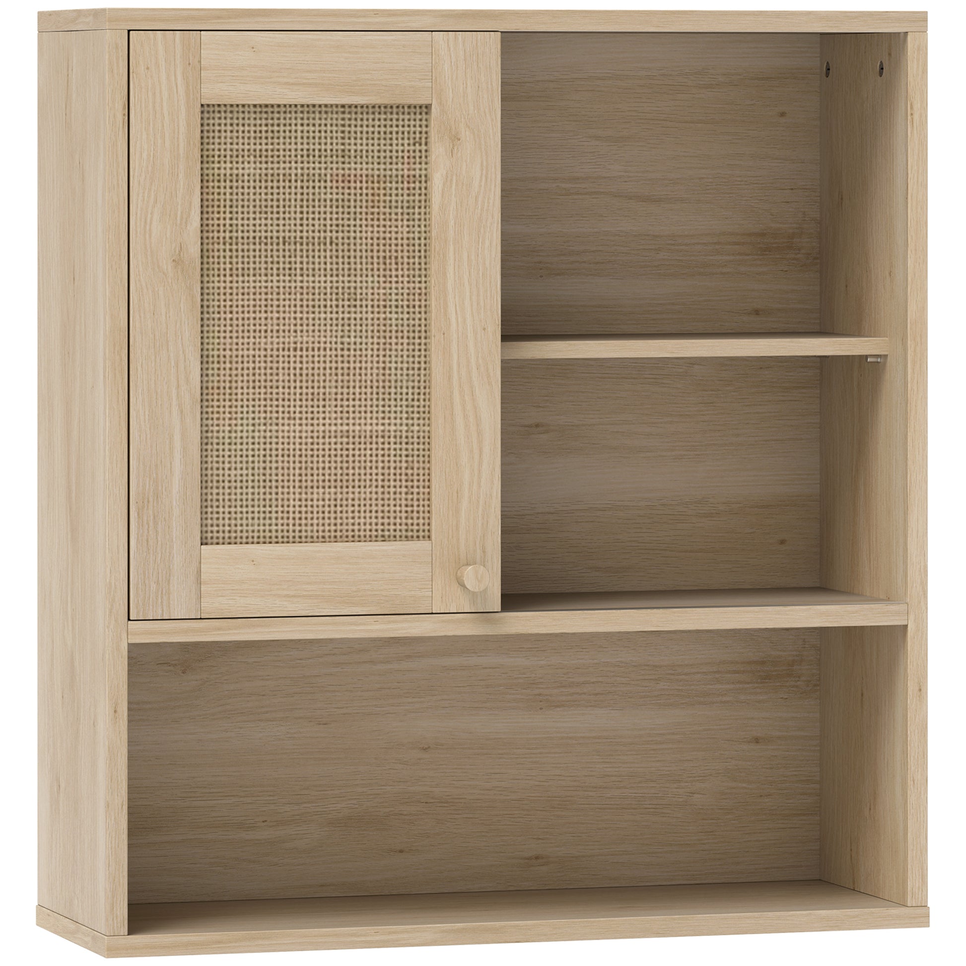 Wall Cabinet, High Bathroom Cabinet with Sliding Rattan Door and Open Shelves, Bohemian Style Bathroom Furniture, Suspended Storage Cabinet, 60 x 20 x 65 cm, Natural Wood