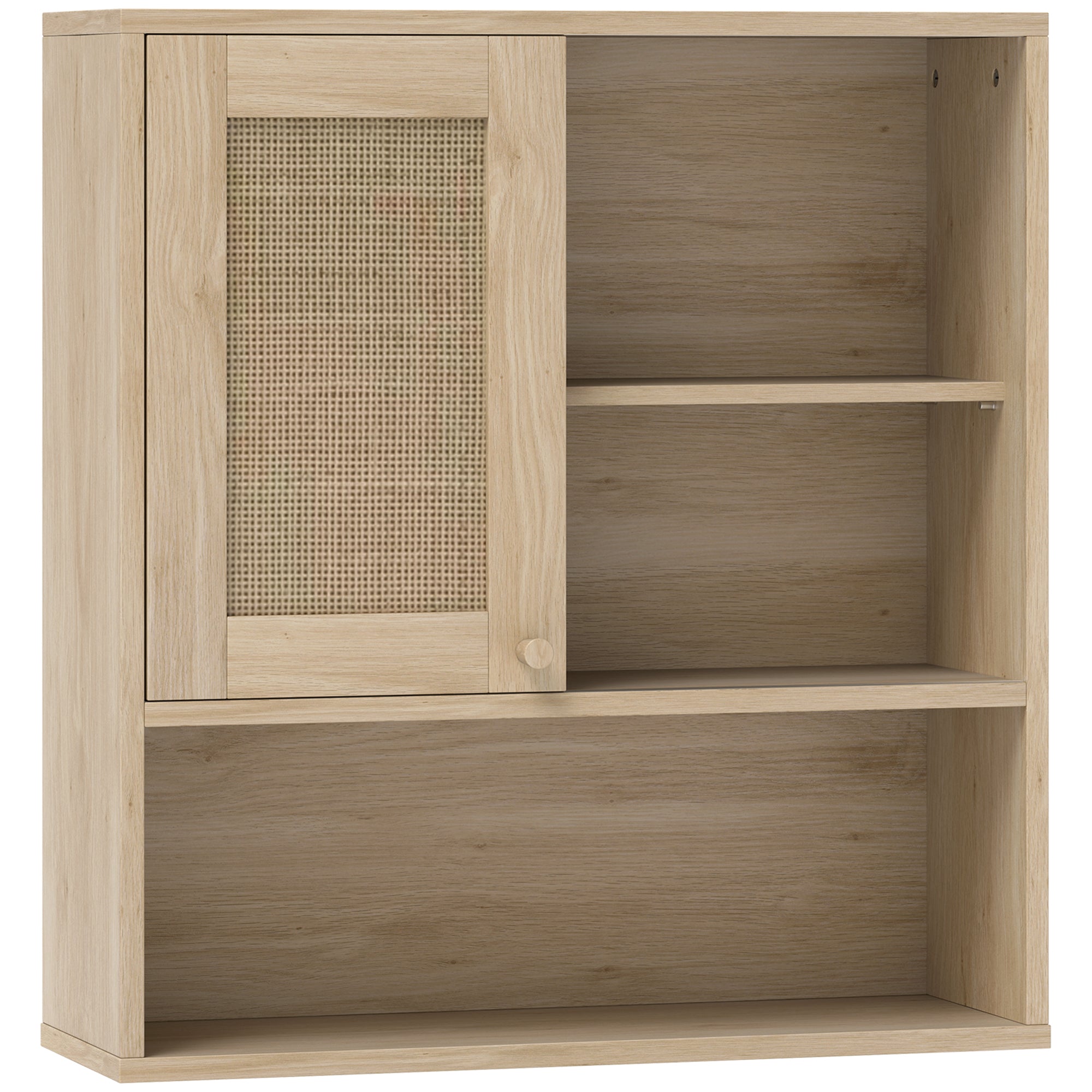 Wall Cabinet, High Bathroom Cabinet with Sliding Rattan Door and Open Shelves, Bohemian Style Bathroom Furniture, Suspended Storage Cabinet, 60 x 20 x 65 cm, Natural Wood