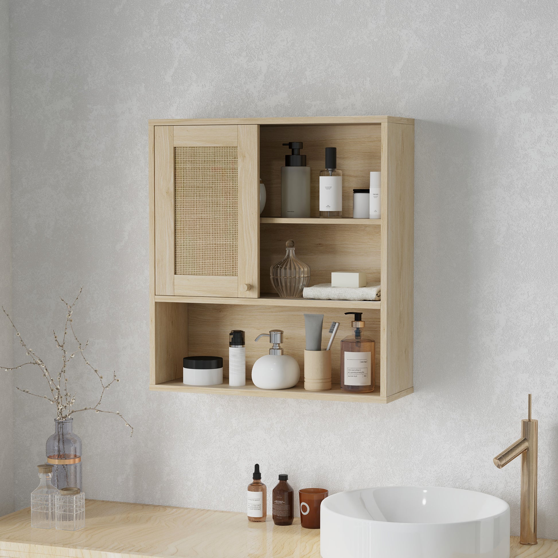 Wall Cabinet, High Bathroom Cabinet with Sliding Rattan Door and Open Shelves, Bohemian Style Bathroom Furniture, Suspended Storage Cabinet, 60 x 20 x 65 cm, Natural Wood