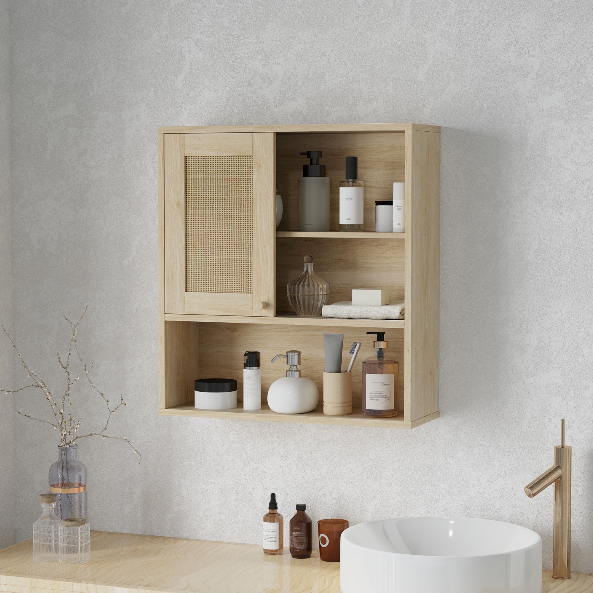 Wall Cabinet, High Bathroom Cabinet with Sliding Rattan Door and Open Shelves, Bohemian Style Bathroom Furniture, Suspended Storage Cabinet, 60 x 20 x 65 cm, Natural Wood
