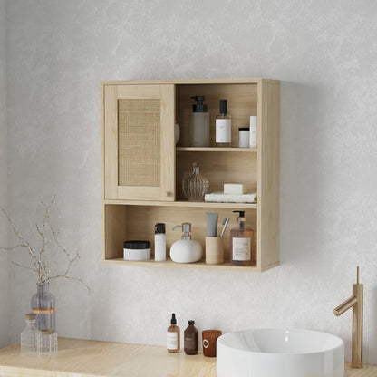 Wall Cabinet, High Bathroom Cabinet with Sliding Rattan Door and Open Shelves, Bohemian Style Bathroom Furniture, Suspended Storage Cabinet, 60 x 20 x 65 cm, Natural Wood