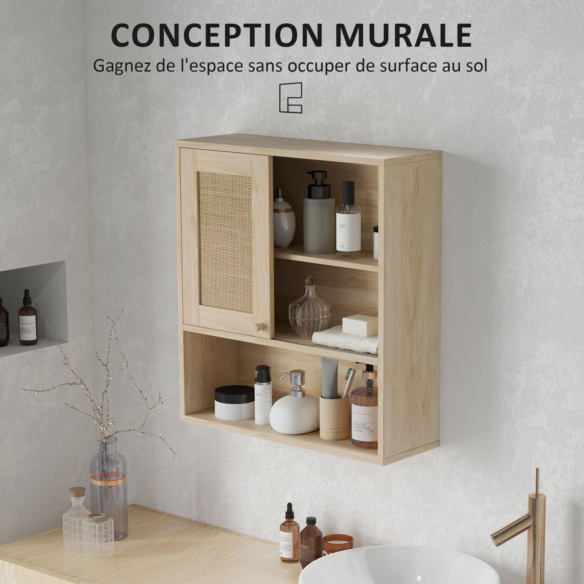 Wall Cabinet, High Bathroom Cabinet with Sliding Rattan Door and Open Shelves, Bohemian Style Bathroom Furniture, Suspended Storage Cabinet, 60 x 20 x 65 cm, Natural Wood