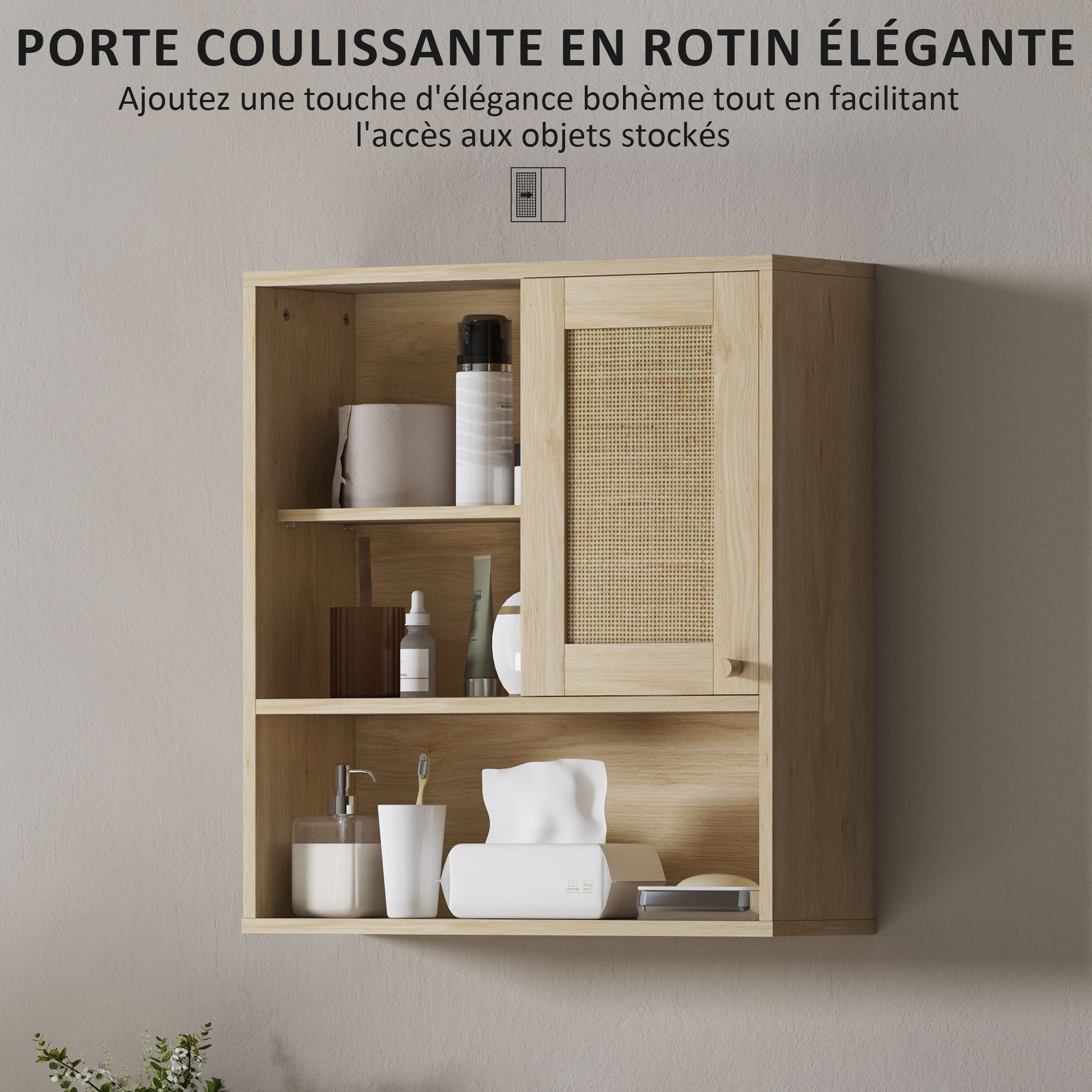 Wall Cabinet, High Bathroom Cabinet with Sliding Rattan Door and Open Shelves, Bohemian Style Bathroom Furniture, Suspended Storage Cabinet, 60 x 20 x 65 cm, Natural Wood