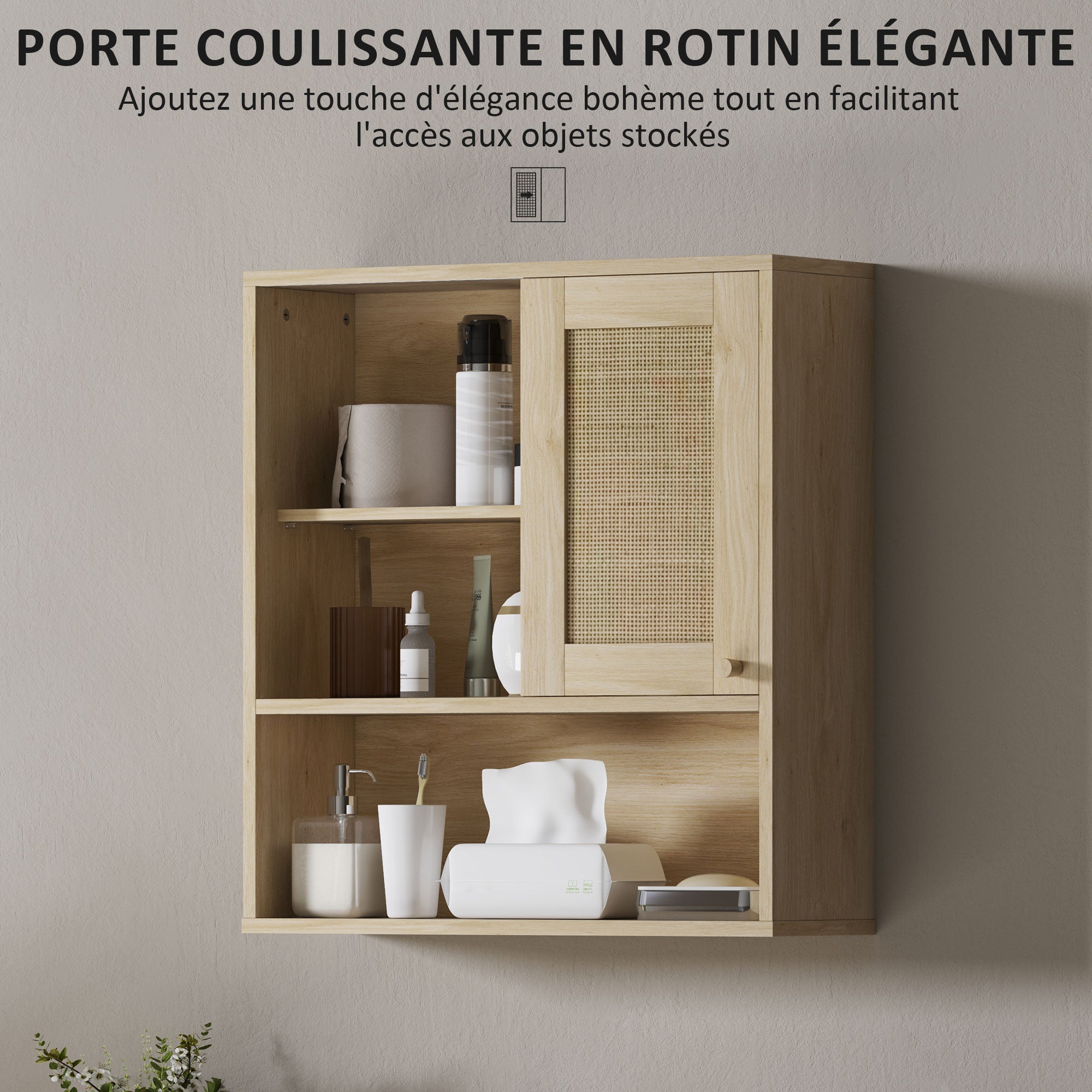 Wall Cabinet, High Bathroom Cabinet with Sliding Rattan Door and Open Shelves, Bohemian Style Bathroom Furniture, Suspended Storage Cabinet, 60 x 20 x 65 cm, Natural Wood
