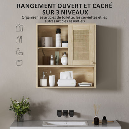 Wall Cabinet, High Bathroom Cabinet with Sliding Rattan Door and Open Shelves, Bohemian Style Bathroom Furniture, Suspended Storage Cabinet, 60 x 20 x 65 cm, Natural Wood