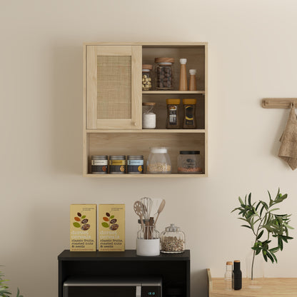 Wall Cabinet, High Bathroom Cabinet with Sliding Rattan Door and Open Shelves, Bohemian Style Bathroom Furniture, Suspended Storage Cabinet, 60 x 20 x 65 cm, Natural Wood
