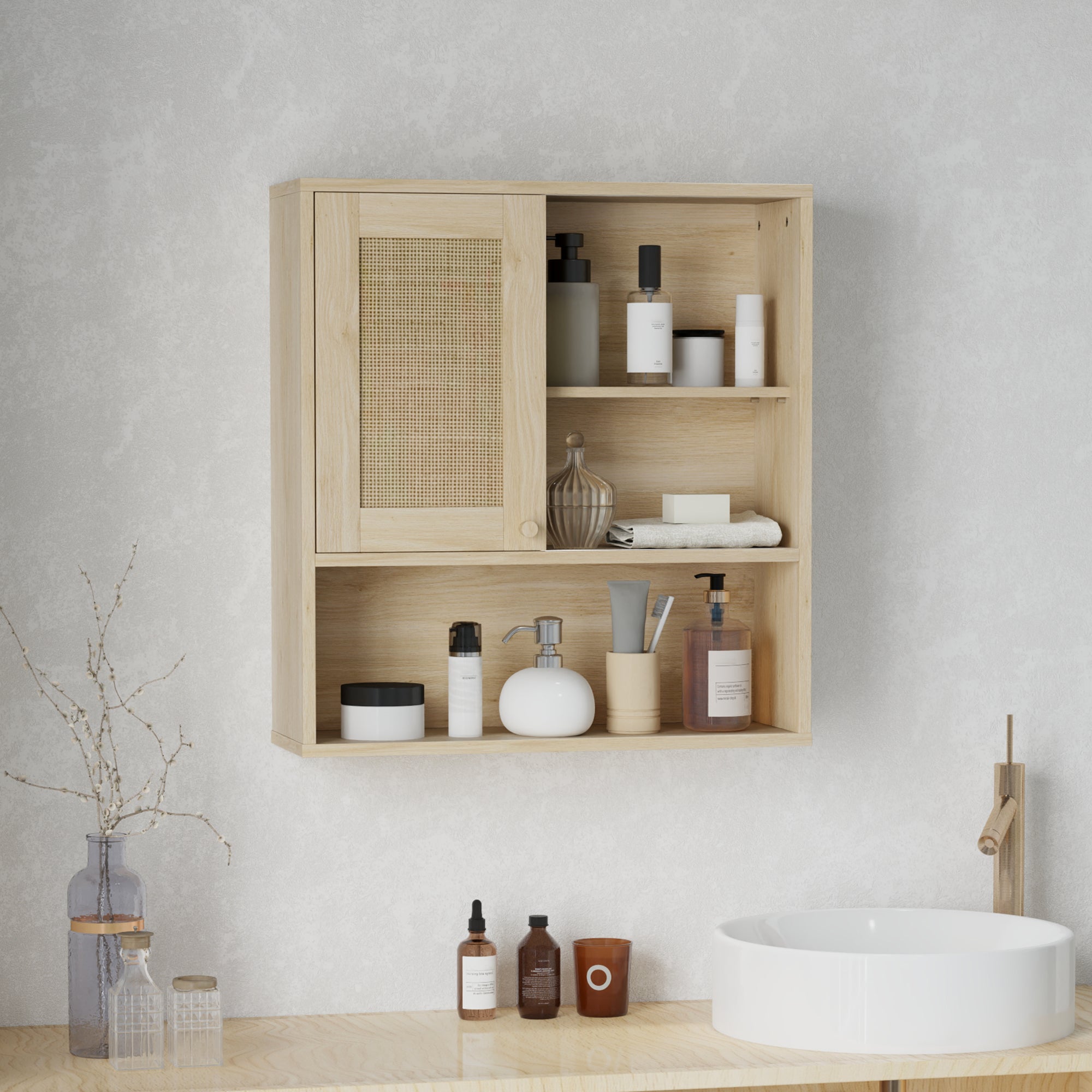 Wall Cabinet, High Bathroom Cabinet with Sliding Rattan Door and Open Shelves, Bohemian Style Bathroom Furniture, Suspended Storage Cabinet, 60 x 20 x 65 cm, Natural Wood