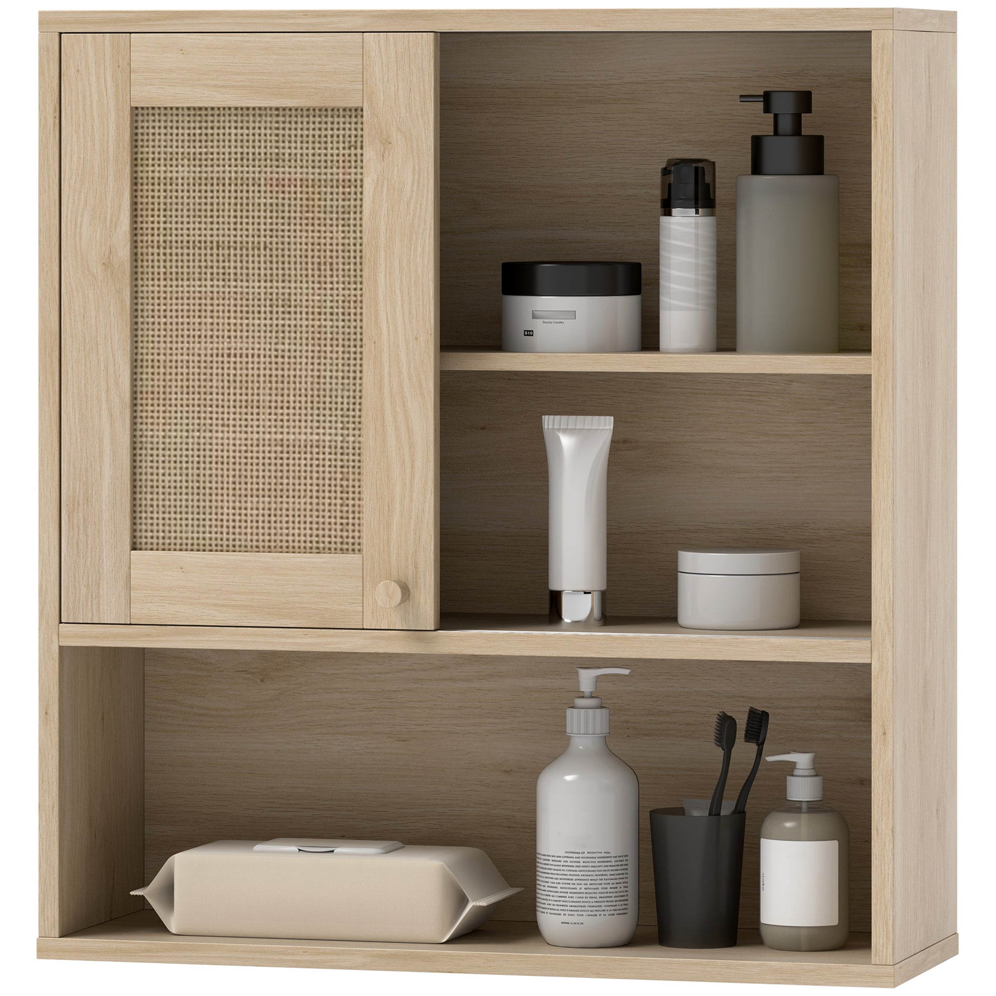 Wall Cabinet, High Bathroom Cabinet with Sliding Rattan Door and Open Shelves, Bohemian Style Bathroom Furniture, Suspended Storage Cabinet, 60 x 20 x 65 cm, Natural Wood