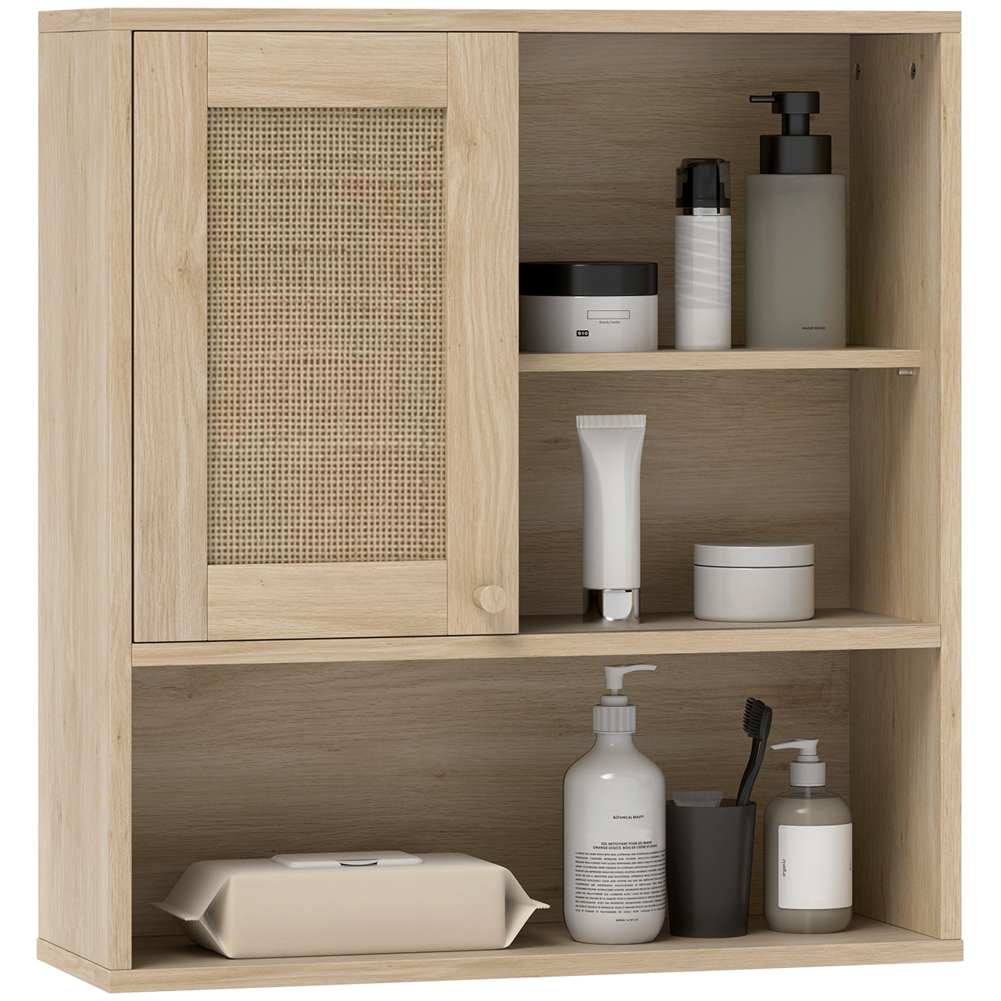 Wall Cabinet, High Bathroom Cabinet with Sliding Rattan Door and Open Shelves, Bohemian Style Bathroom Furniture, Suspended Storage Cabinet, 60 x 20 x 65 cm, Natural Wood