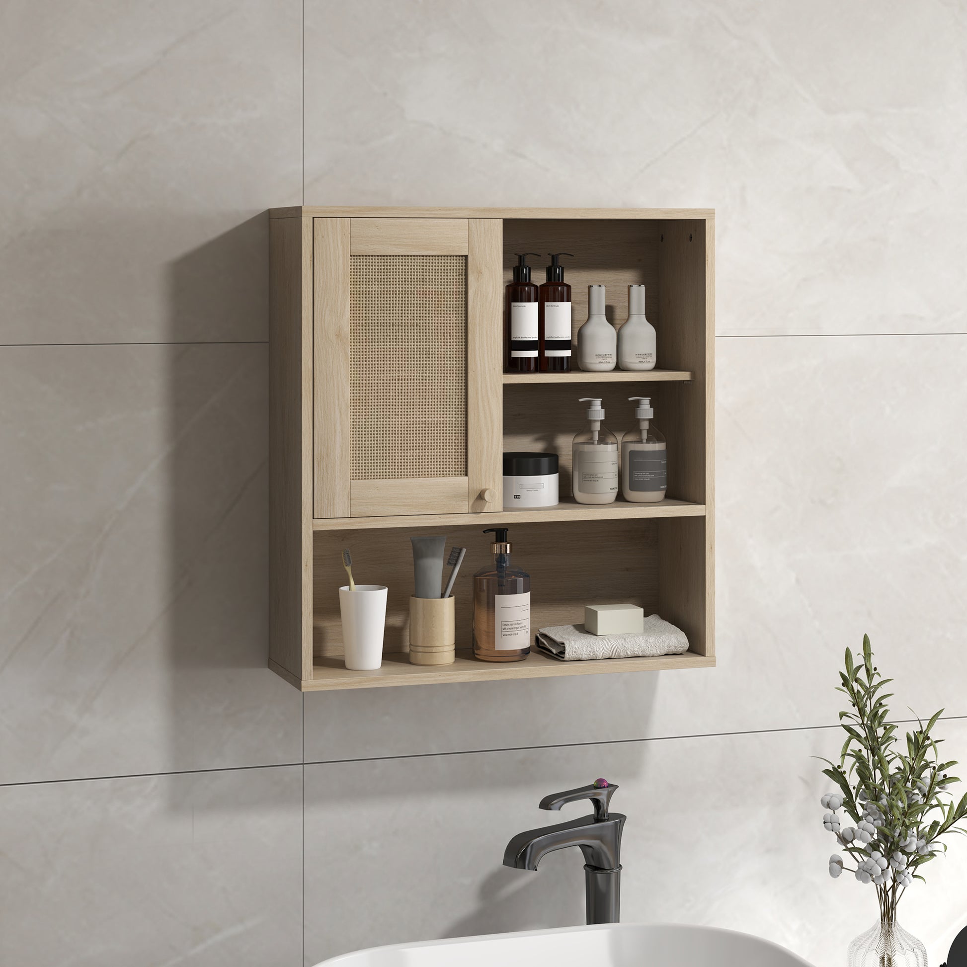 Wall Cabinet, High Bathroom Cabinet with Sliding Rattan Door and Open Shelves, Bohemian Style Bathroom Furniture, Suspended Storage Cabinet, 60 x 20 x 65 cm, Natural Wood