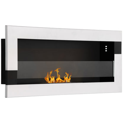 Wall-Mounted Stainless Steel Bioethanol Fireplace with 2.5h Combustion, 1L Tank, and Cover 20m², 90x16x40cm, Silver