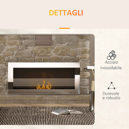Wall-Mounted Stainless Steel Bioethanol Fireplace with 2.5h Combustion, 1L Tank, and Cover 20m², 90x16x40cm, Silver