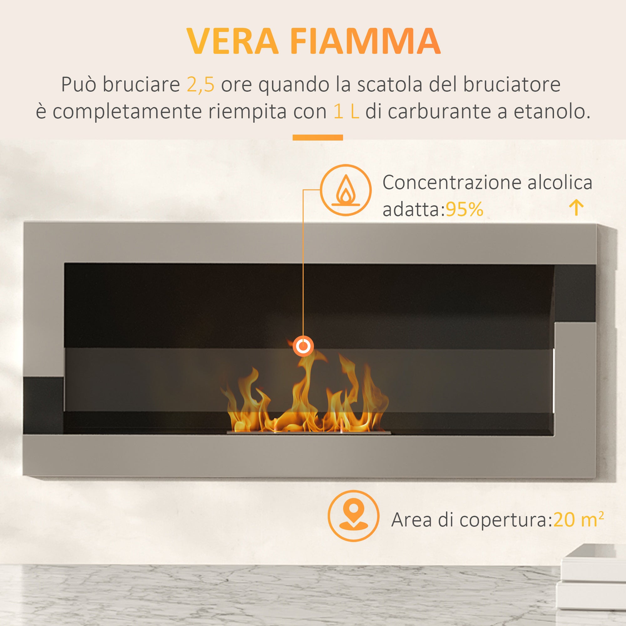 Wall-Mounted Stainless Steel Bioethanol Fireplace with 2.5h Combustion, 1L Tank, and Cover 20m², 90x16x40cm, Silver