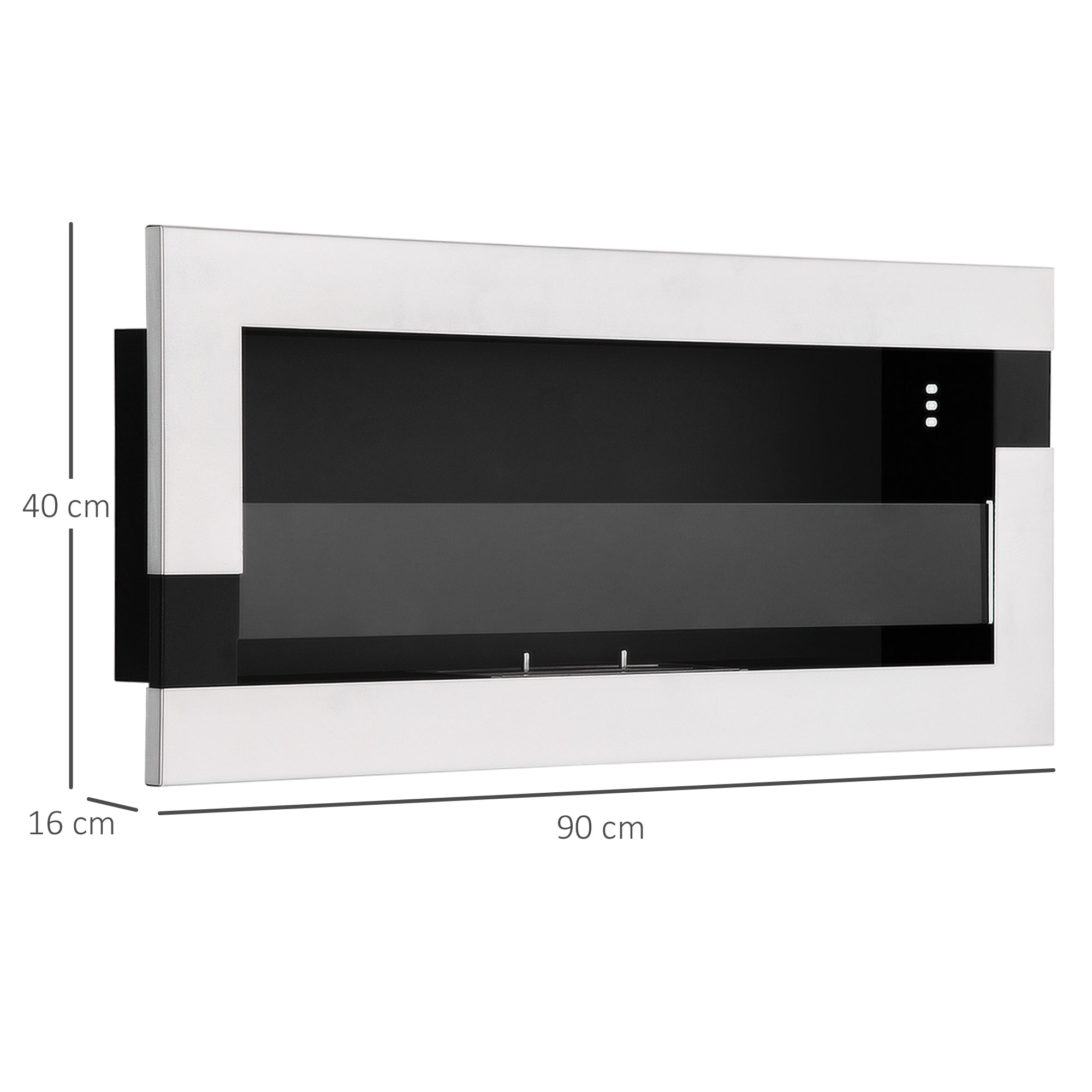 Wall-Mounted Stainless Steel Bioethanol Fireplace with 2.5h Combustion, 1L Tank, and Cover 20m², 90x16x40cm, Silver