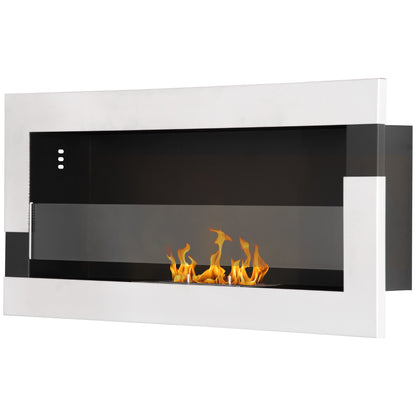 Wall-Mounted Stainless Steel Bioethanol Fireplace with 2.5h Combustion, 1L Tank, and Cover 20m², 90x16x40cm, Silver