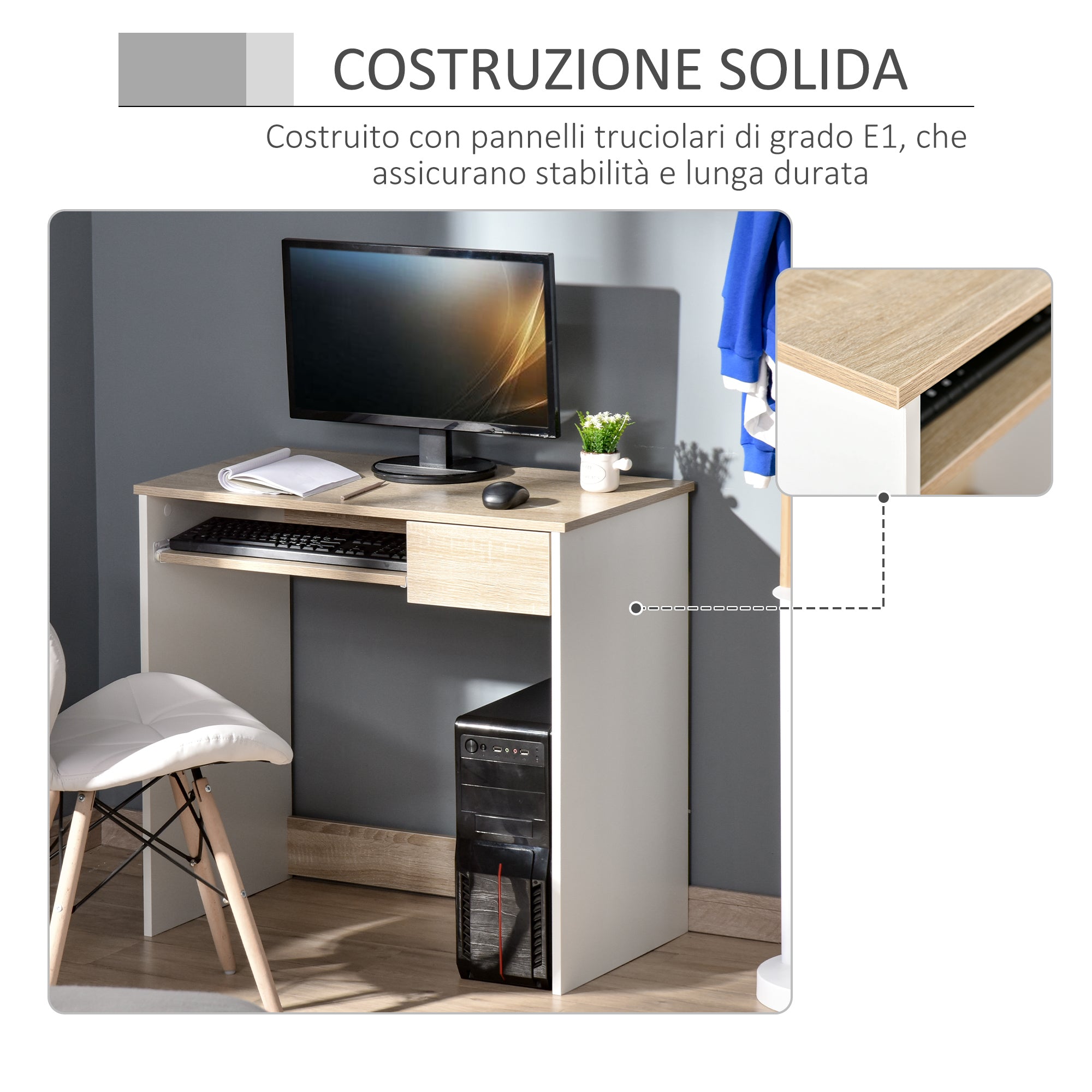 Desk for Bedroom, Wood PC Desk, Computer Desk with Keyboard Shelf, Oak and White