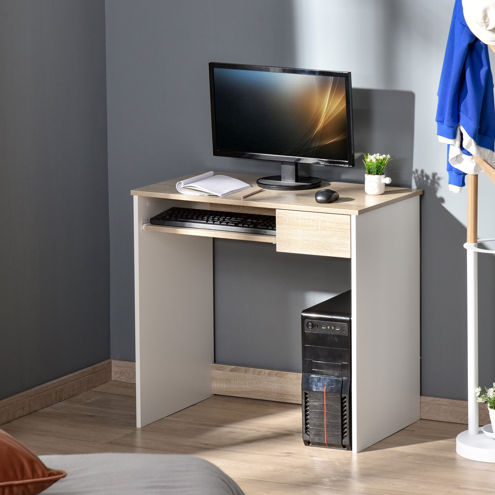 Desk for Bedroom, Wood PC Desk, Computer Desk with Keyboard Shelf, Oak and White