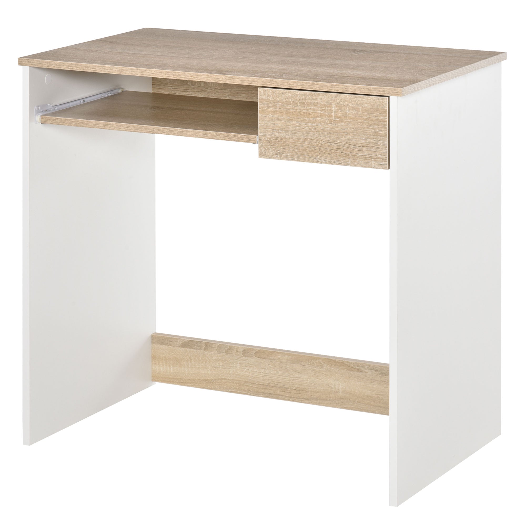 Desk for Bedroom, Wood PC Desk, Computer Desk with Keyboard Shelf, Oak and White