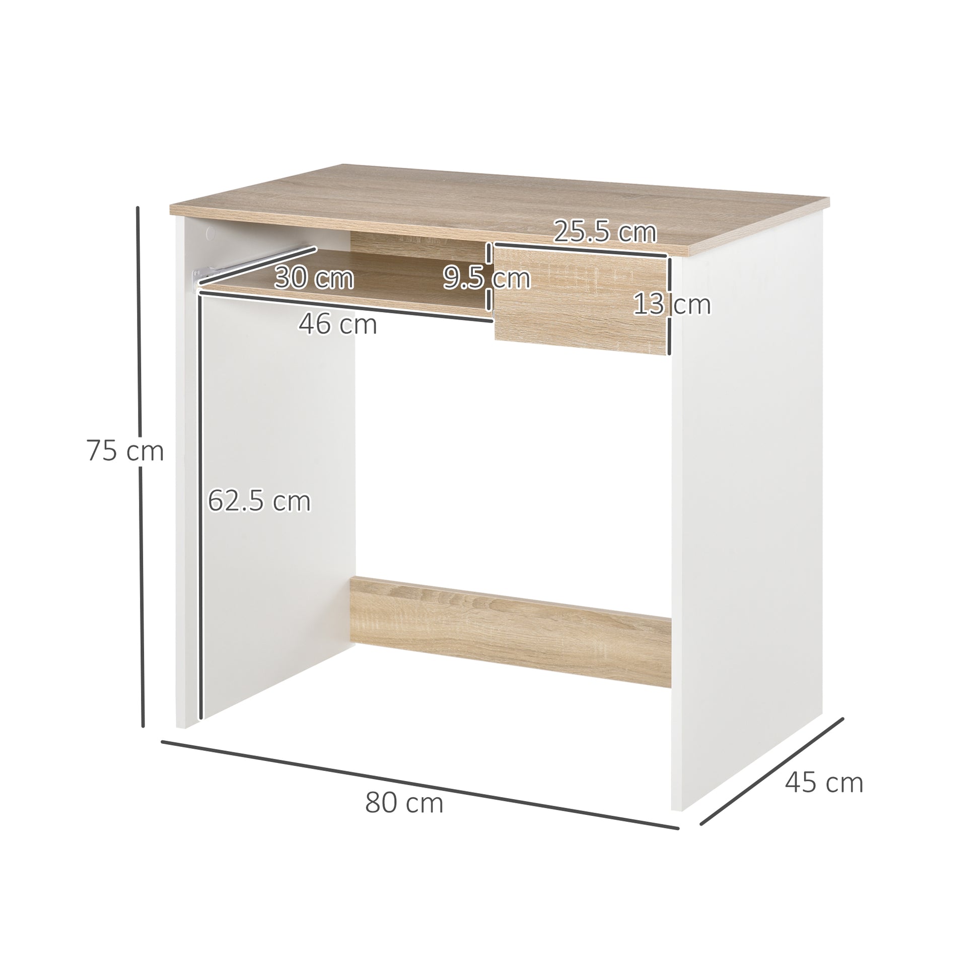 Desk for Bedroom, Wood PC Desk, Computer Desk with Keyboard Shelf, Oak and White